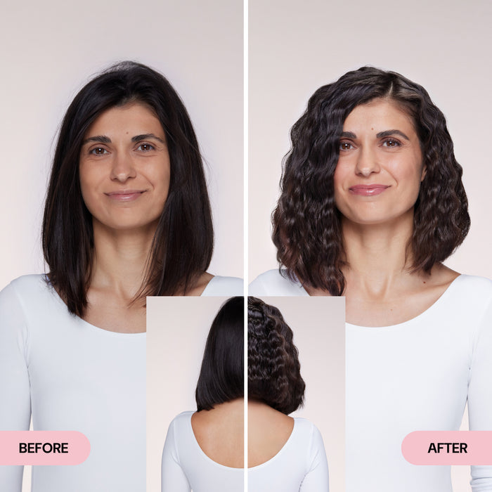 A woman with shoulder-length straight dark hair is shown in a 'Before' image on the left. On the right, the 'After' image displays her hair with voluminous, defined waves. An inset below provides a back view comparison.