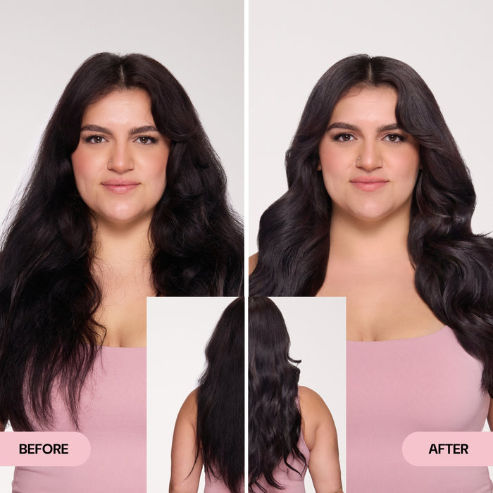 Side-by-side comparison of a woman with thick, natural waves. The 'Before' image shows voluminous, unstructured texture; the 'After' image reveals polished, controlled waves. A rear view inset shows even wave distribution.