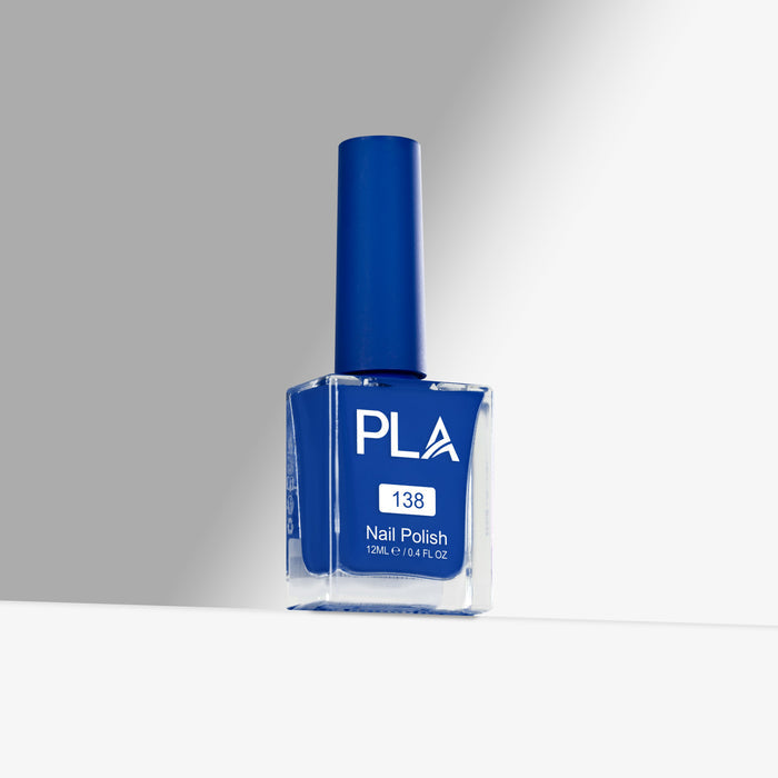 Blue nail polish bottle with 'PLA' branding on a gray background