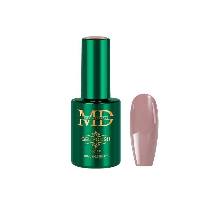 Green gel polish bottle with a nude pink nail tip color swatch on a white background