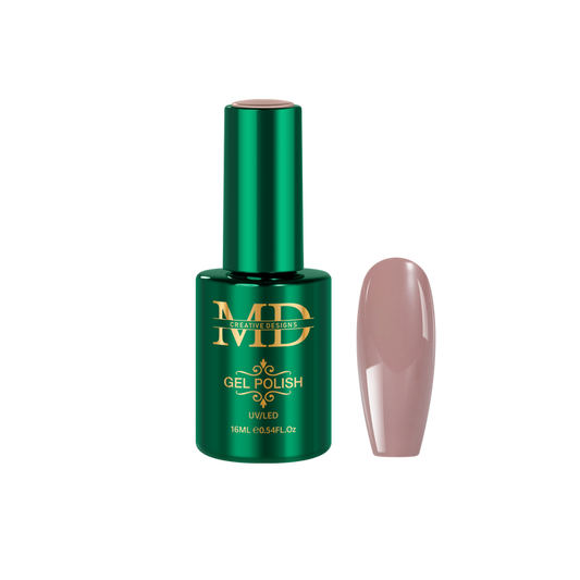 Green gel polish bottle with a nude pink nail tip color swatch on a white background