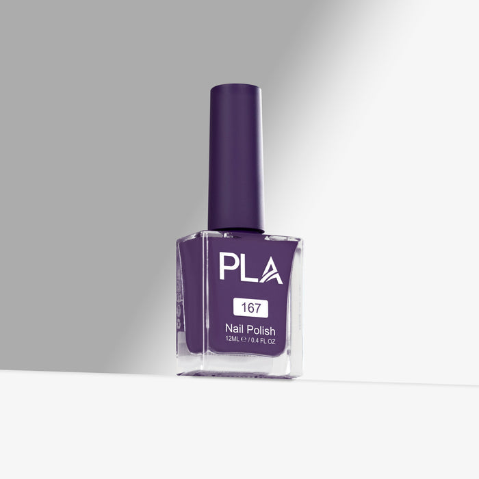 Purple nail polish bottle with 'PLA' branding on a gray background