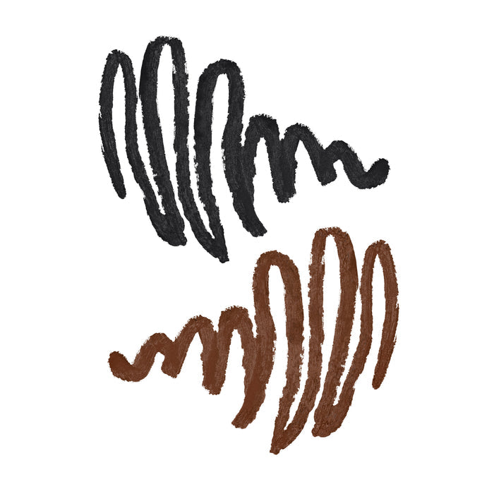 Two sets of makeup swatches in black and brown on a white background