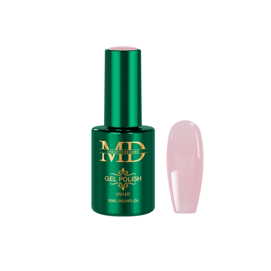 Green gel polish bottle with a pink nail tip color swatch on a white background