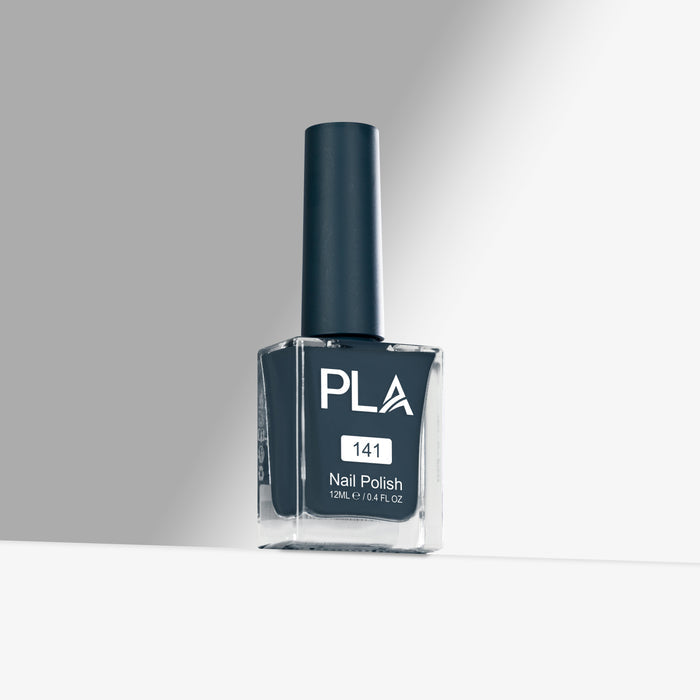 Blue nail polish bottle with 'PLA' branding on a gray background