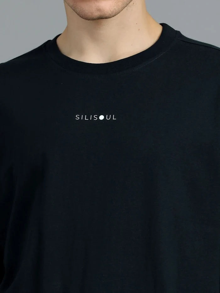 Silisoul Black Oversized Fit Brand Logo Print Cotton T-Shirt