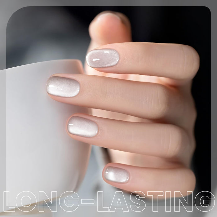 Long-lasting silver white cat eye gel polish elegant bridal manicure high-gloss shine winter party sophisticated