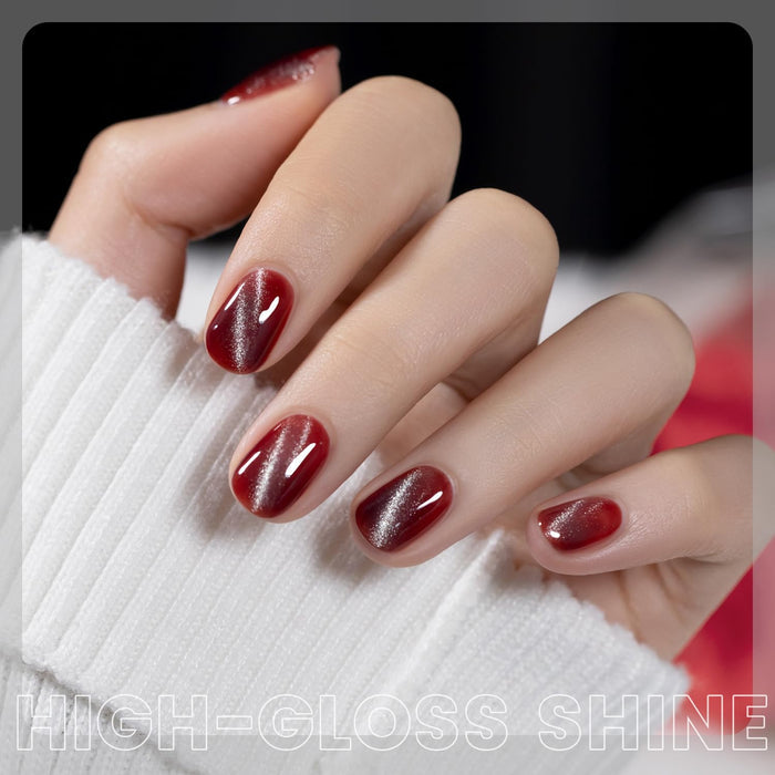 High-gloss shine silver white cat eye gel polish layering effect red opaque color captivating depth light-catching