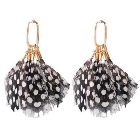 Spotted feather earrings by St Armands Designs of Sarasota with black and white feather patterns and silver hooks.