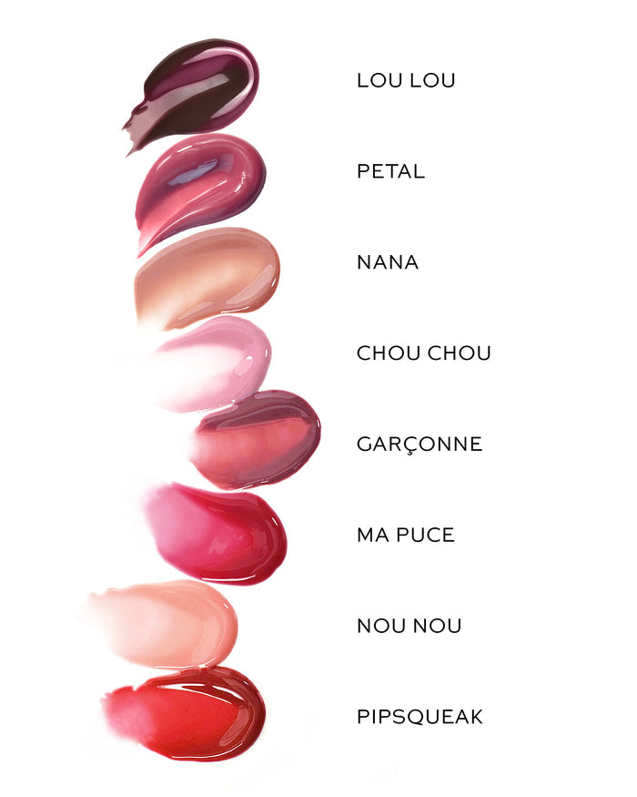 Lipstick swatches in various shades with names labeled on a white background