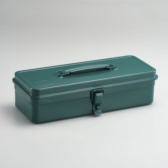 Antique green steel toolbox with top handle, flat lid, and metal latch