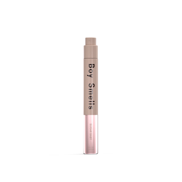 10 ml fragrance bottle, rose-pink cylinder with beige cap and Body Smiles label