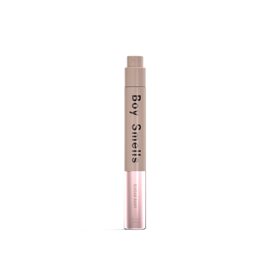 10 ml fragrance bottle, rose-pink cylinder with beige cap and Body Smiles label