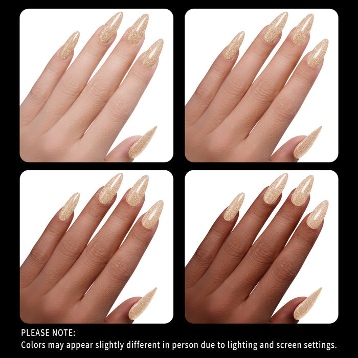 Collage of four images showing hands with gold glitter nail polish on a white background.