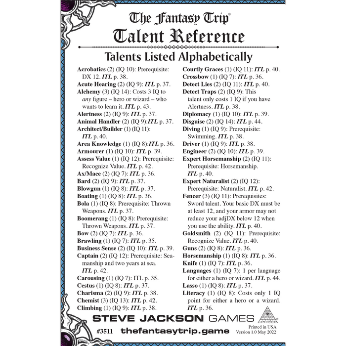 The Fantasy Trip Talent Reference