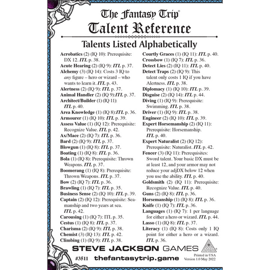 The Fantasy Trip Talent Reference