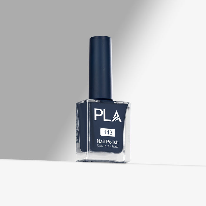 Blue nail polish bottle with 'PLA' branding on a gray background