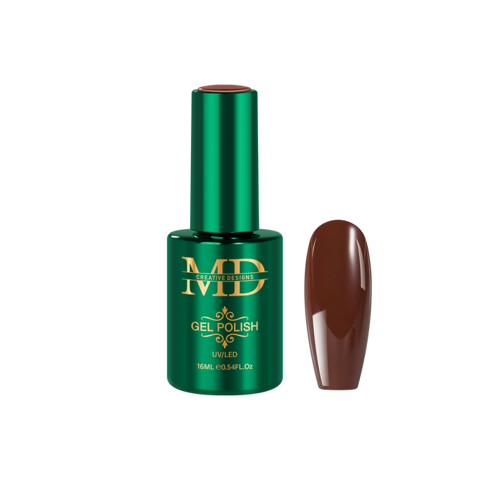 Green gel polish bottle with a brown nail tip color swatch on a white background