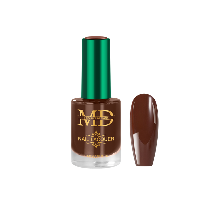Brown nail polish bottle with green cap and matching nail tip color swatch on a white background