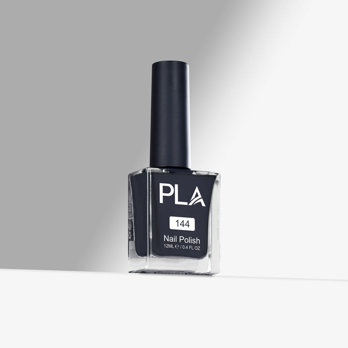 Blue nail polish bottle with 'PLA' branding on a gray background