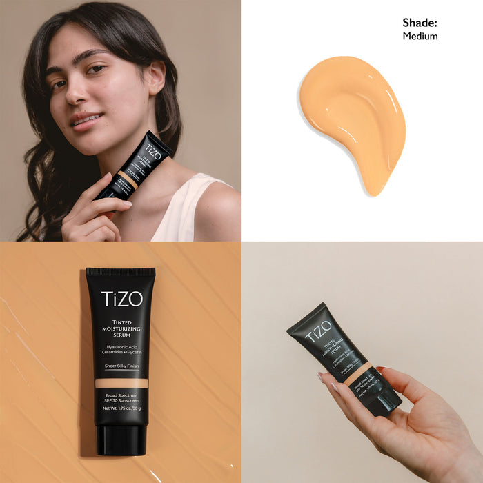 Woman holding TiZO Tinted Moisturizing Serum Medium Shade tube against shoulder, the swatch, product over swatch, and a hand holding the product.