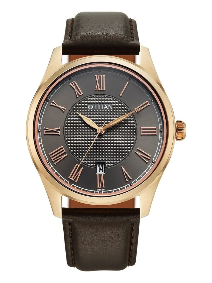 Titan Dial & Leather Strap Analogue Date Aperture Watch - 10063WL01