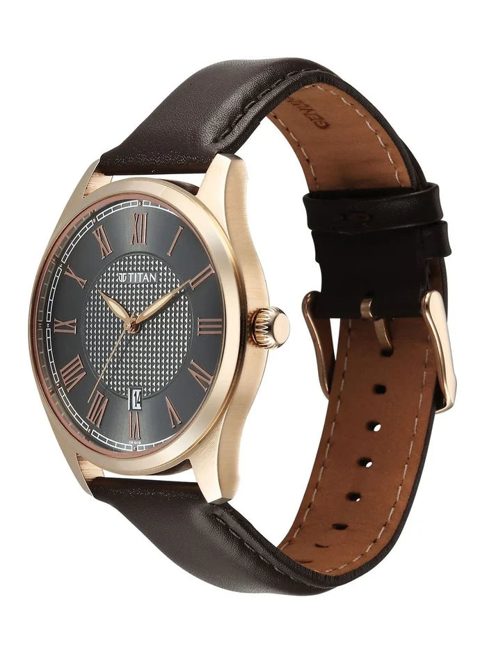 Titan Dial & Leather Strap Analogue Date Aperture Watch - 10063WL01