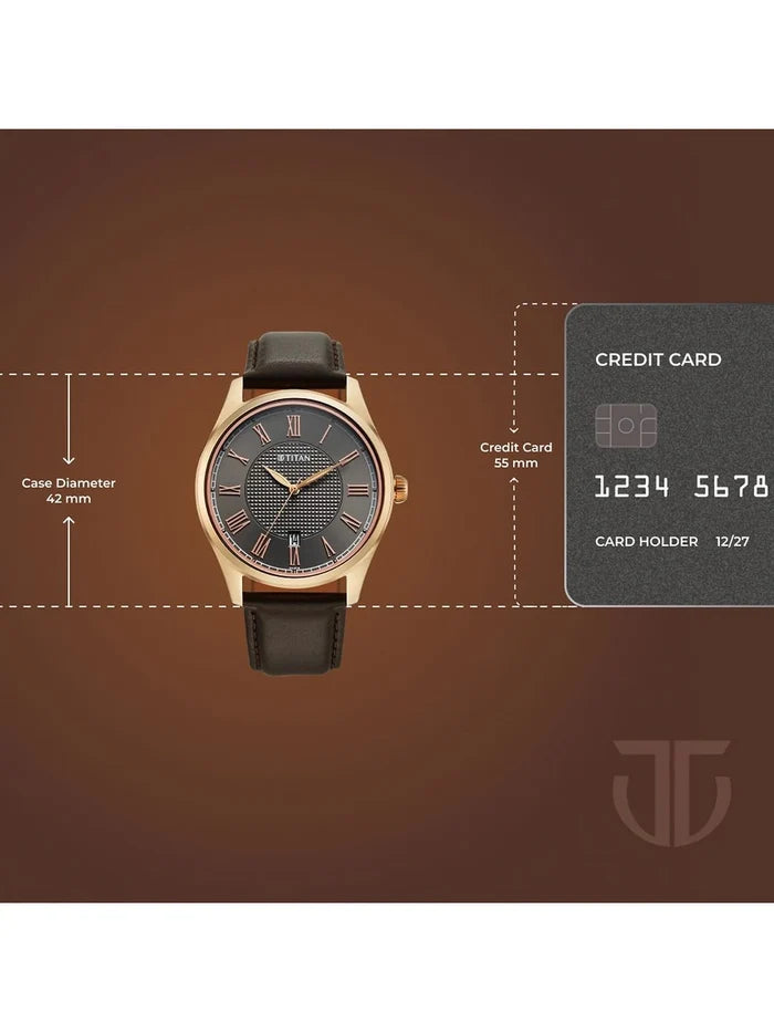 Titan Dial & Leather Strap Analogue Date Aperture Watch - 10063WL01