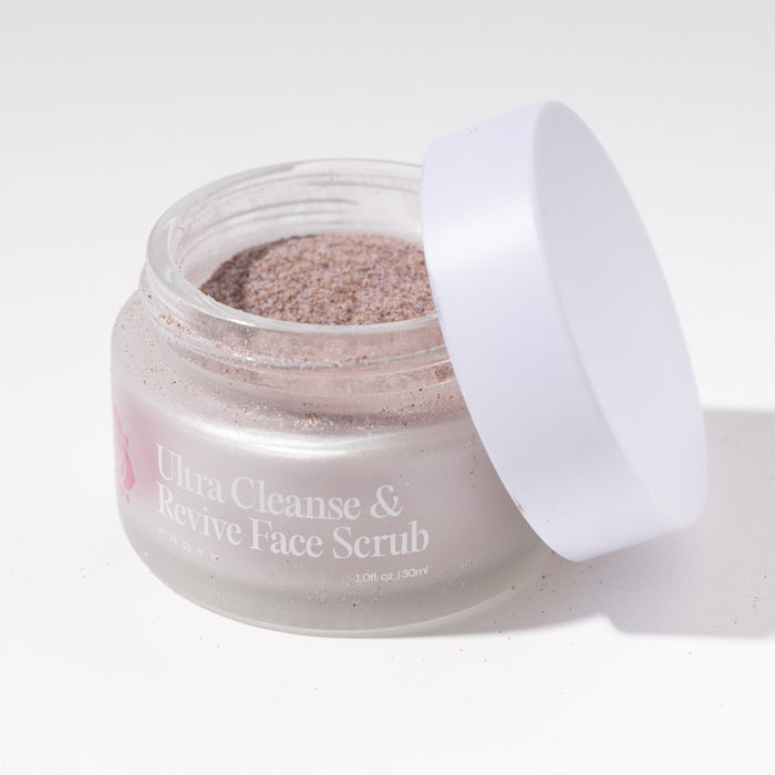 Frøya Organics Ultra Cleanse & Revive Face Scrub in glass jar with lid – organic face scrub front view