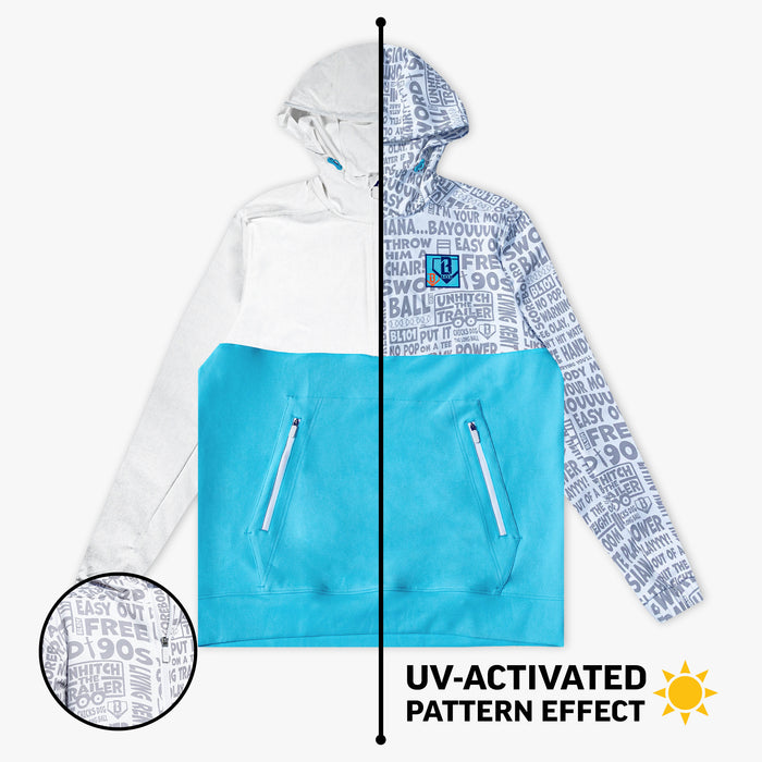 Adult model wearing multi-color hoodie with "UVChangeup Trash Talk" design