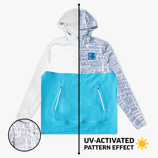 Adult model wearing multi-color hoodie with "UVChangeup Trash Talk" design