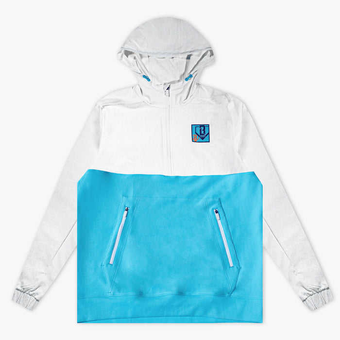 Adult model wearing multi-color hoodie with "UVChangeup Trash Talk" design