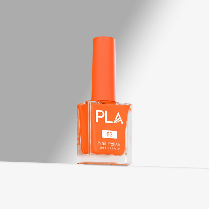 Orange nail polish bottle with 'PLA' branding on a gray background