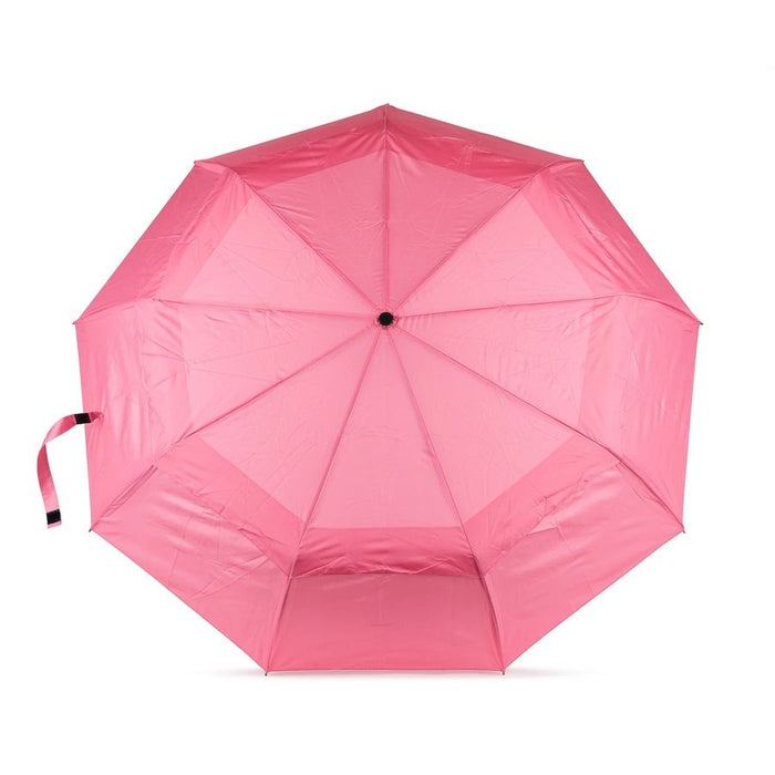 Pink recycled-nylon umbrella with button center and fabric carry strap