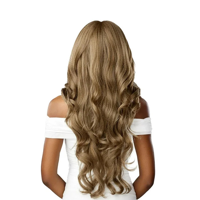 SENSATIONNEL extra transparent lace front wig long wavy honey blonde back view on model in white off shoulder dress