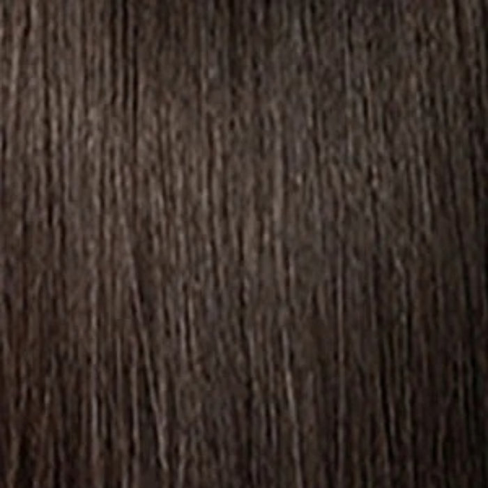 SENSATIONNEL dark brown straight wig close up showing smooth synthetic fibers lace front wig with 90s bangs