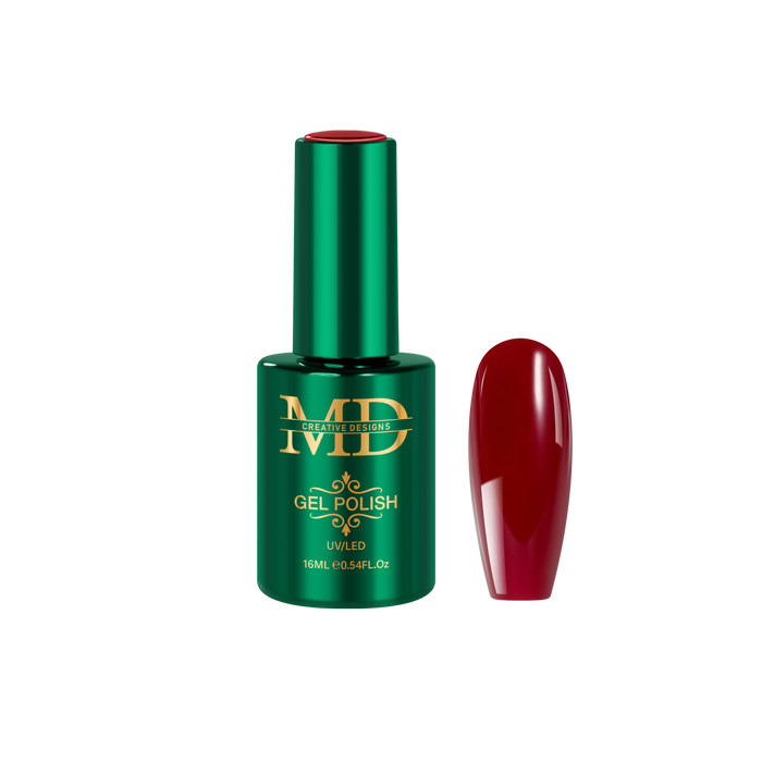 Green gel polish bottle with a red nail tip color swatch on a white background