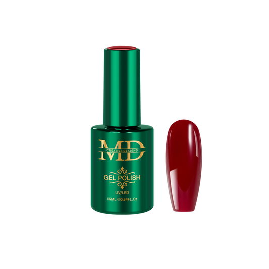 Green gel polish bottle with a red nail tip color swatch on a white background