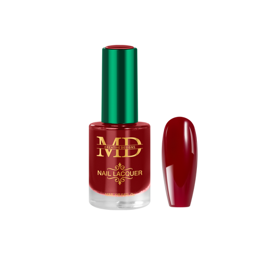 Red nail polish bottle with green cap on a white background