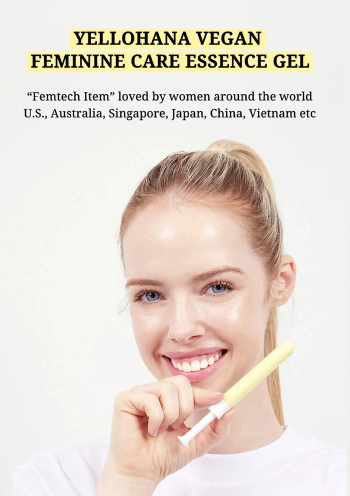 Woman holding a yellow object with text about Yellohana Vegan Feminine Care Essence Gel.