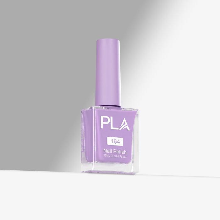 Purple nail polish bottle with 'PLA' branding on a gray background