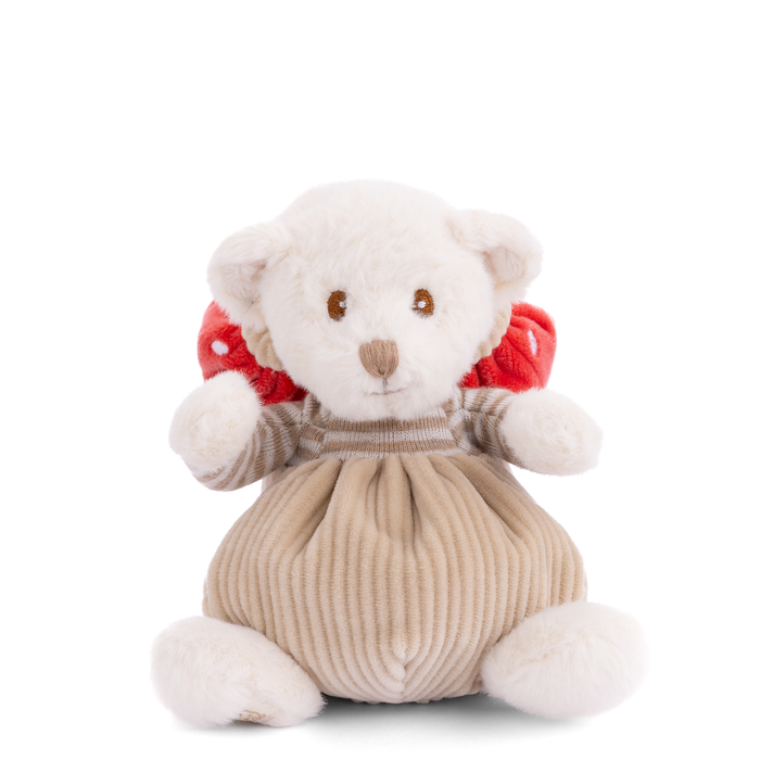 Plush bear toy with white face, red mushroom cap, beige striped sweater and pants